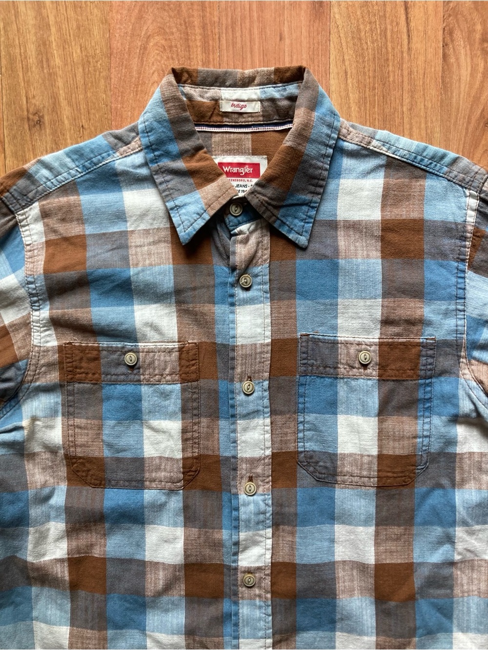 Wrangler Indigo Greensboro NC Plaid Long Sleeve Mens S Blue Brown Shirt Western